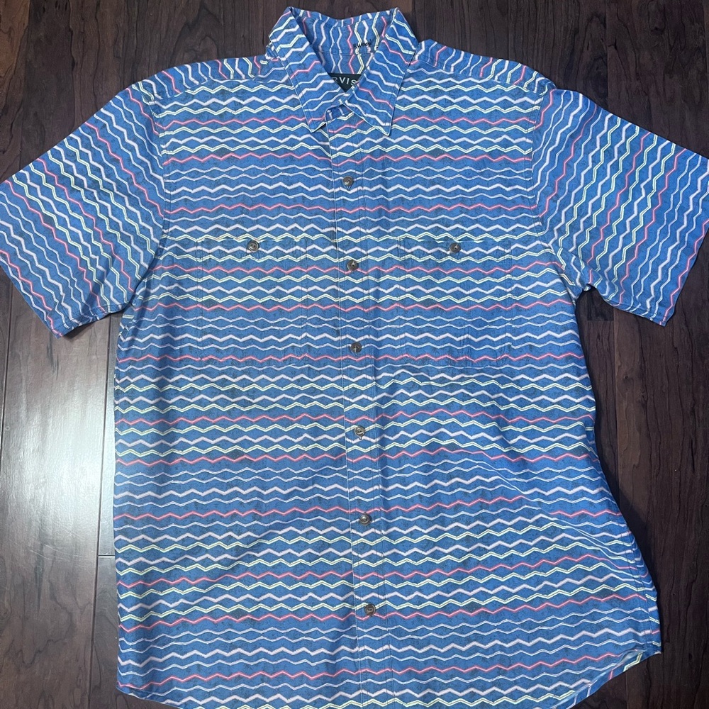 Orvis Shirt Mens L Blue Striped Geometric 100% Cotton Short Sleeve